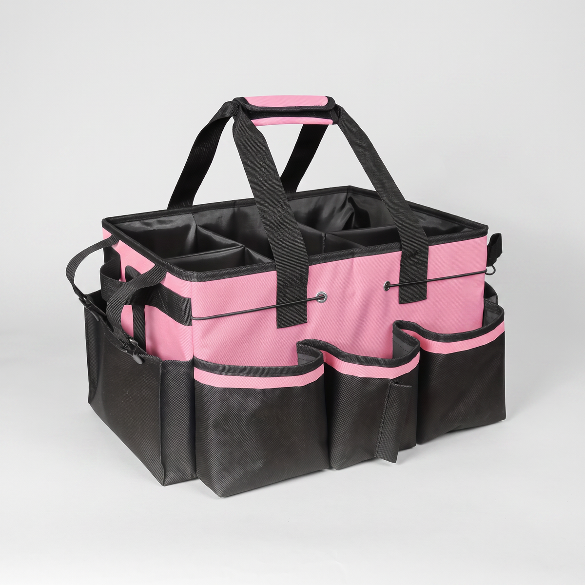 Large capacity multifunctional cleaning tool storage bag with side mesh pockets and trash bag dispenser, clean studio catalog product photo on a white background
