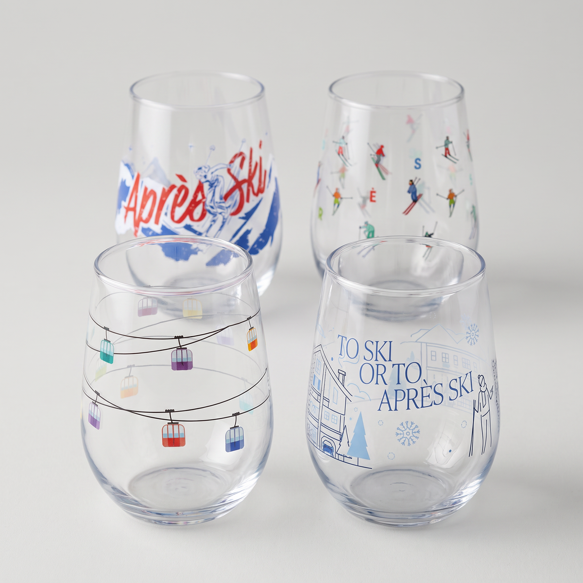 Alpine Winter Collection 16oz stemless wine glasses on a clean white studio background, catalog product photo