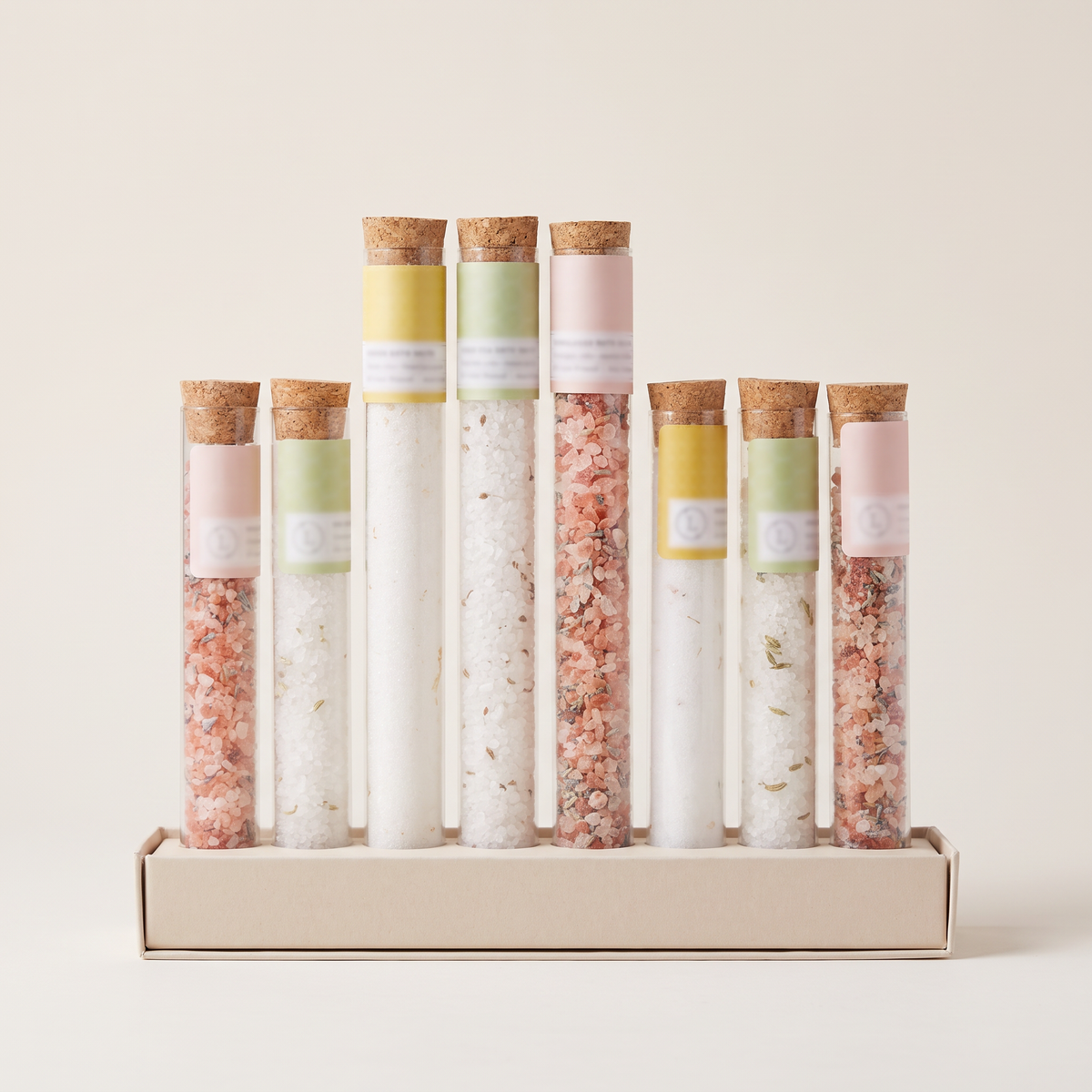 Bath Salts Gift Set 8 Glass Tubes clean studio catalog shot