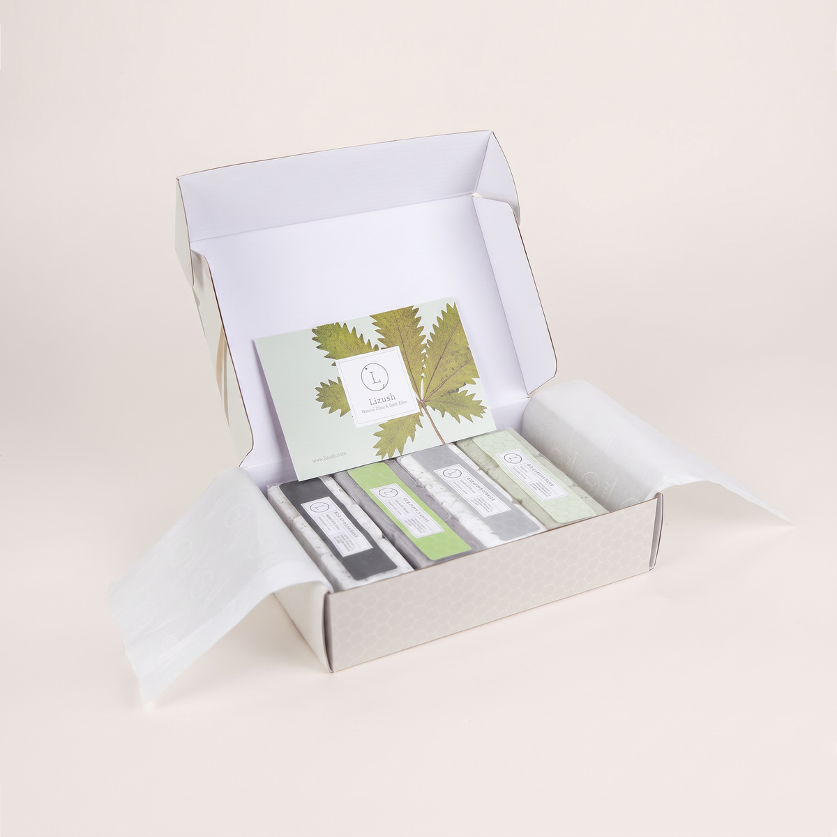 Earthy Shower Steamers Gift Box clean studio catalog shot