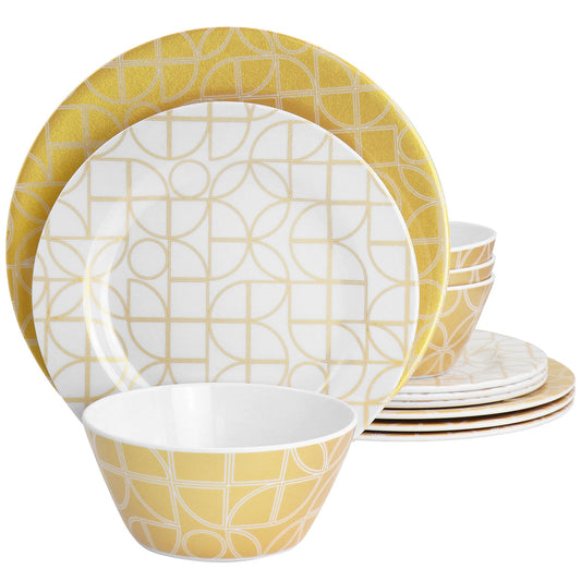 Laurie Gates California Designs Summer Bloom 12 Piece Melamine Dinnerware Set in Gold-0