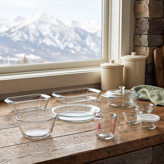 15-Piece Glass Bakeware Set staged in a cozy mountain cabin kitchen with a snow-capped mountain view