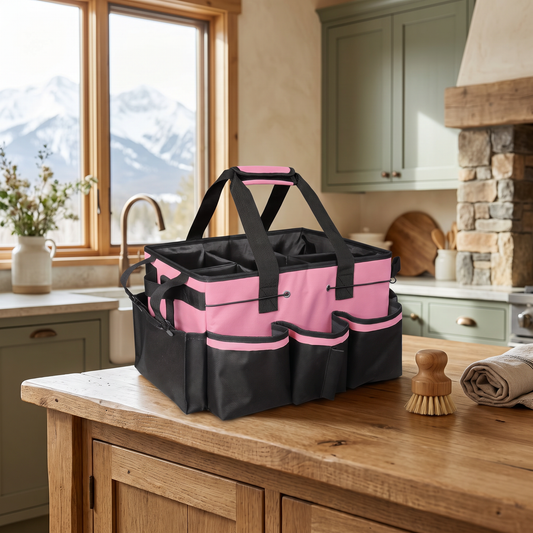 Large capacity multifunctional cleaning tool storage bag with trash bag dispenser, hanging in a tidy mountain cabin mudroom/utility area with a snow-capped mountain view through the window