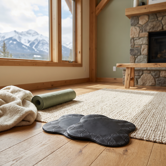 Set of 2 thick non-slip yoga knee pads on a wooden floor near a rolled yoga mat in a cozy mountain cabin living room with a snow-capped mountain view