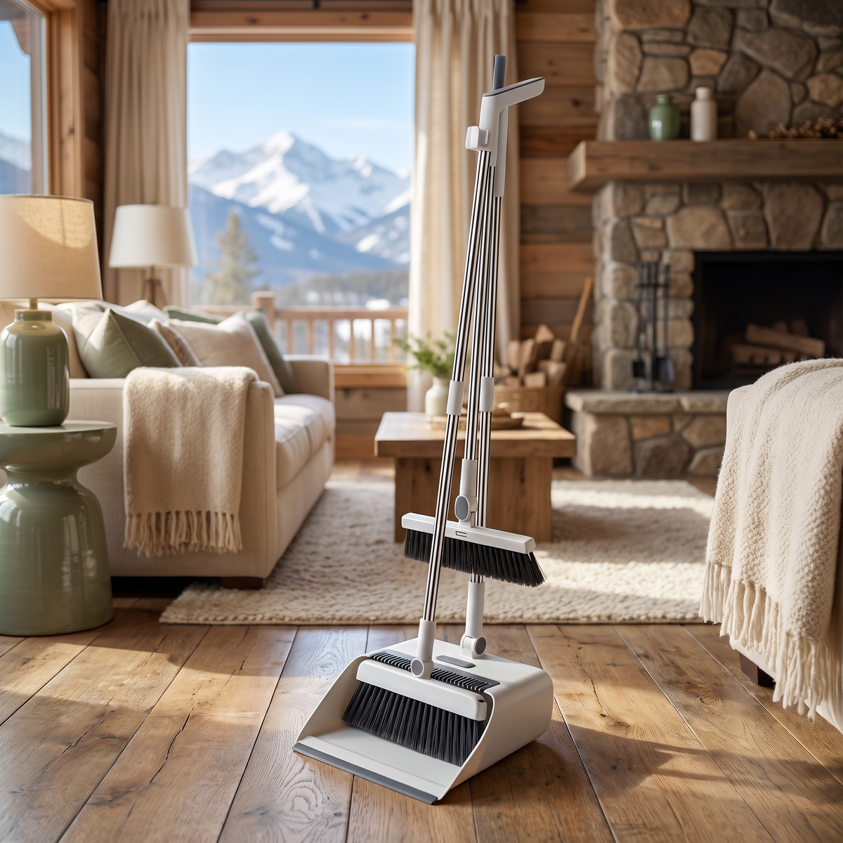 3-in-1 Home Cleaning Kit (broom, dustpan, brush combo), staged in a cozy mountain cabin interior with a snow-capped mountain view