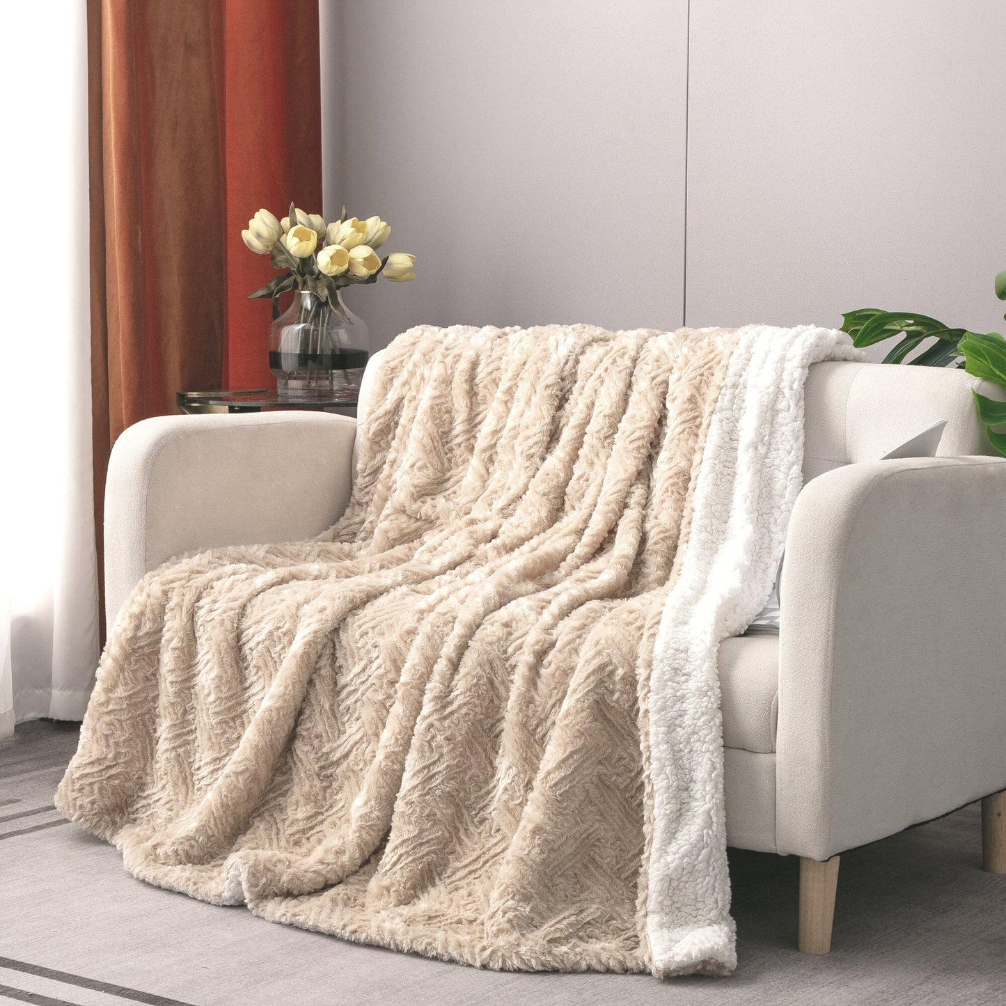DaDalogy Bedding Champagne Ivory Faux Fur Throw Blanket - Dreamy Gold Geometric Embossed Sherpa Backside - Super Soft Warm Cozy Plush Fluffy-2