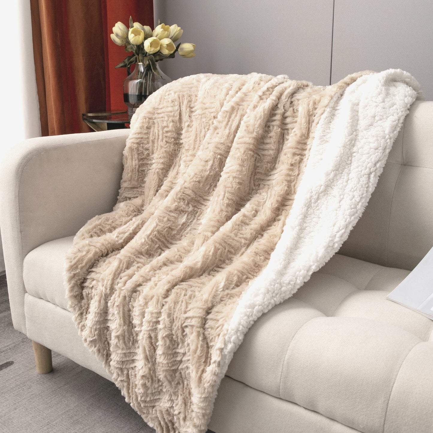 DaDalogy Bedding Champagne Ivory Faux Fur Throw Blanket - Dreamy Gold Geometric Embossed Sherpa Backside - Super Soft Warm Cozy Plush Fluffy-4