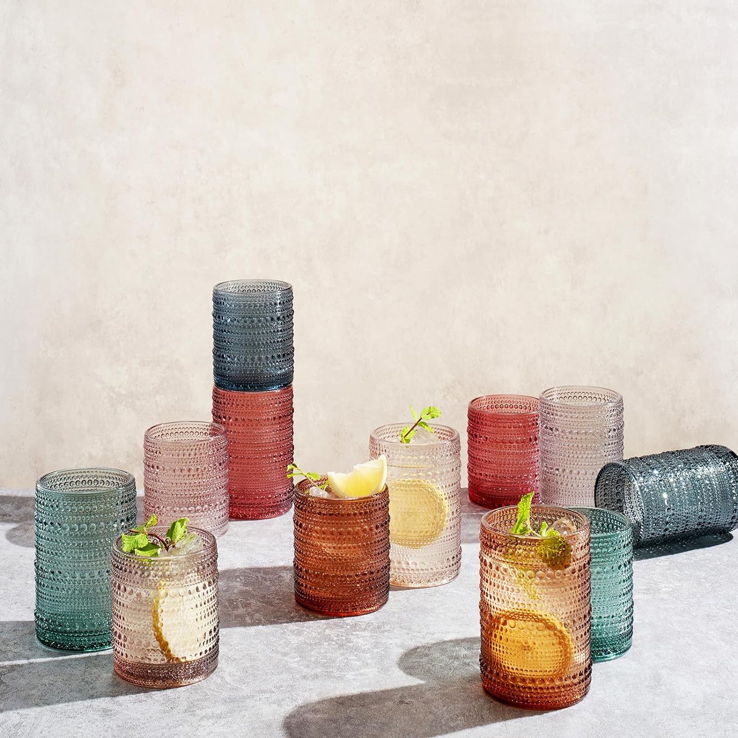 Hobnail Muted Tone Glassware Set | 12 Pieces in 6 Colors | 11oz and 14oz-1