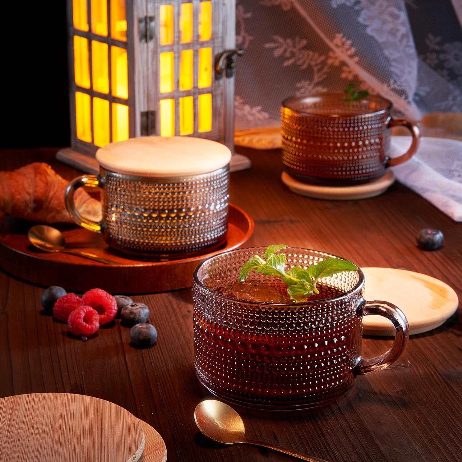 Vintage Hobnail Glass Coffee Mugs Set With Handles Set Of 4 Premium Barware Gift-4