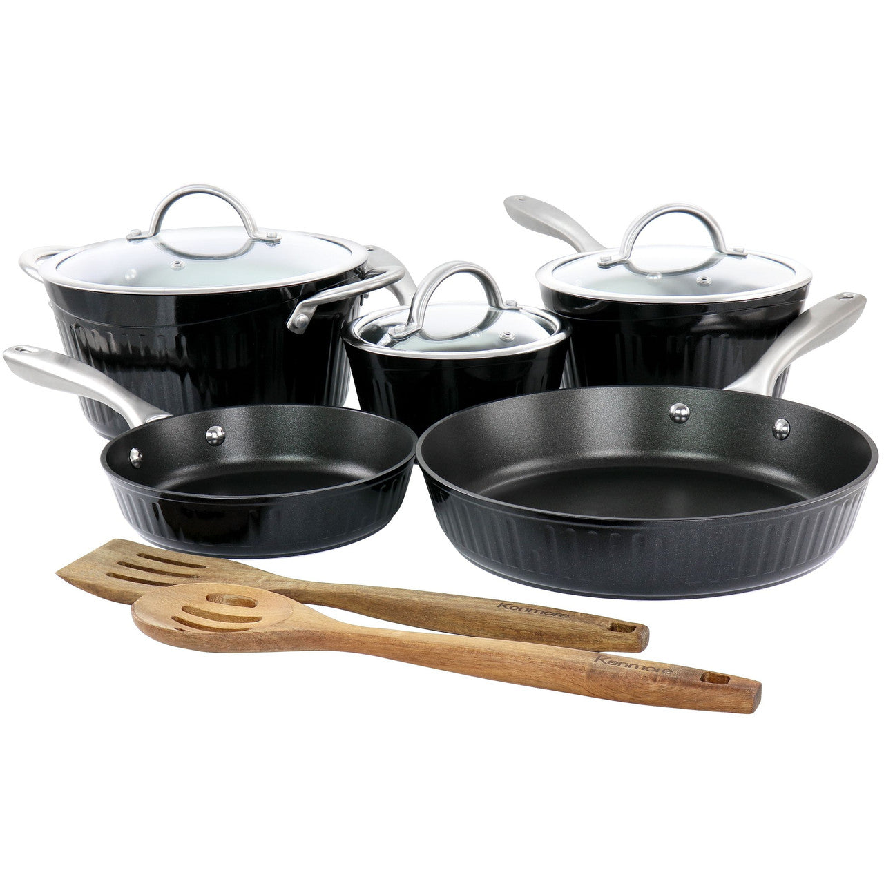 Kenmore Logan 10-Piece Nonstick Cookware Set | Black with Wood Utensils