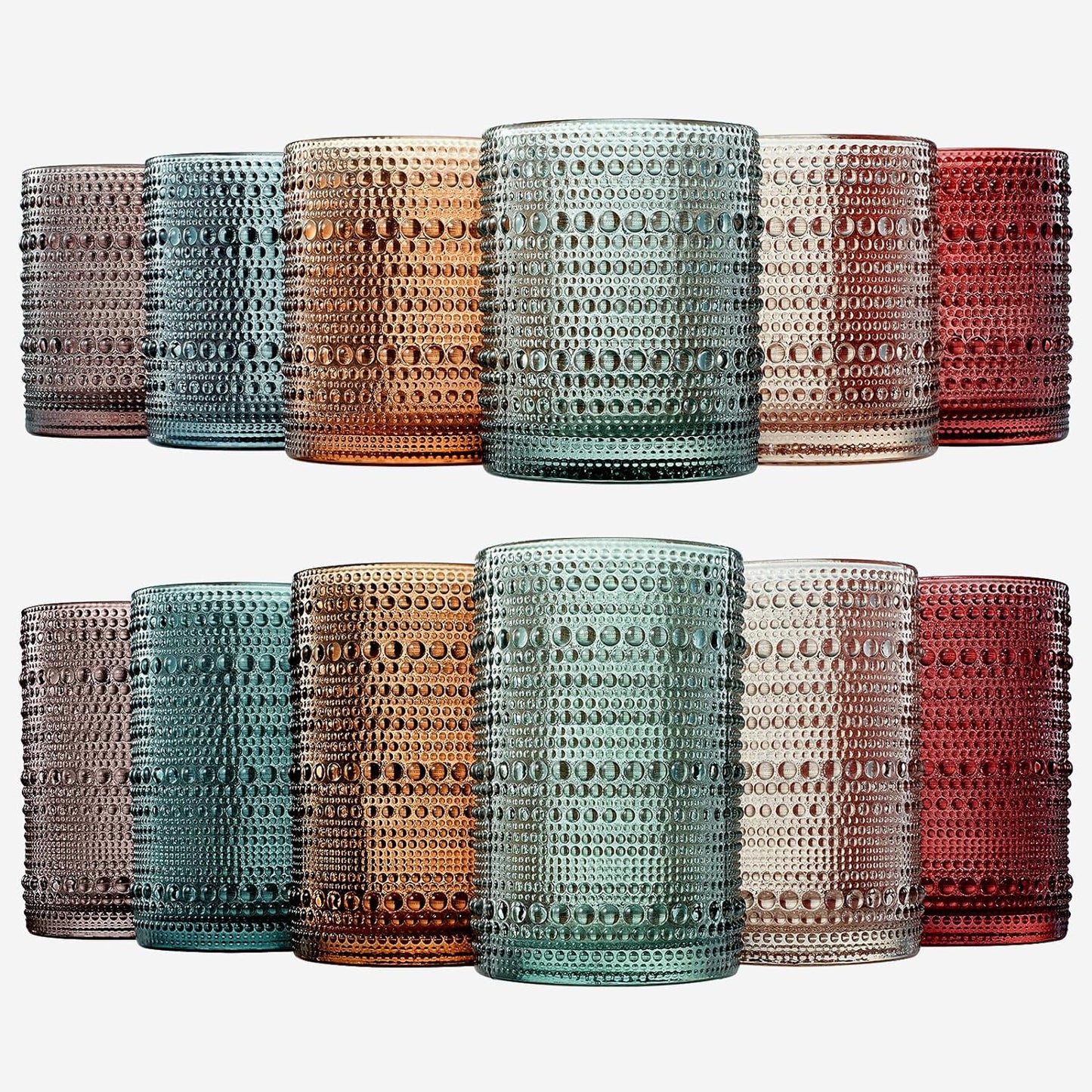 Hobnail Muted Tone Glassware Set | 12 Pieces in 6 Colors | 11oz and 14oz-0