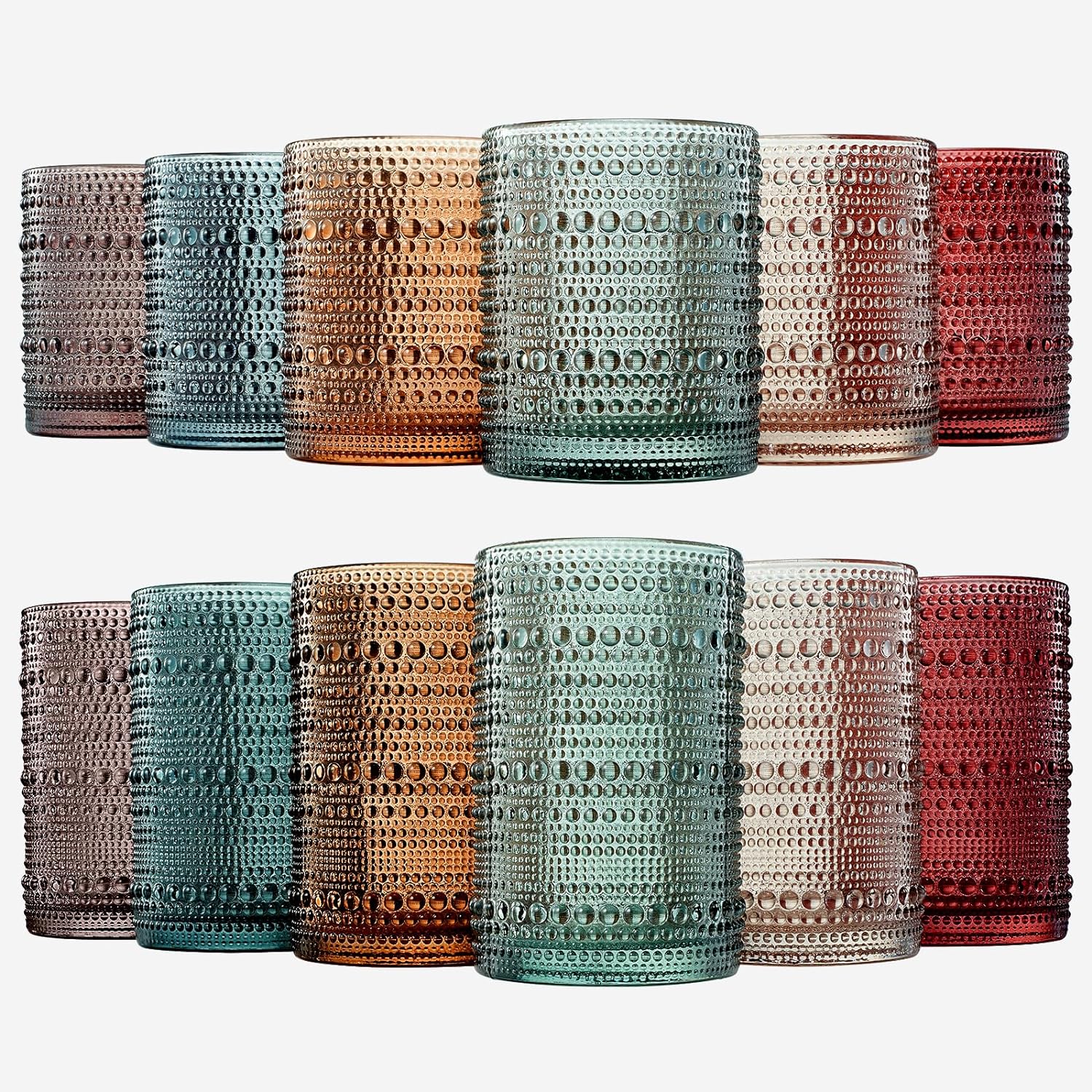 Hobnail Muted Tone Glassware Set | 12 Pieces in 6 Colors | 11oz and 14oz-0