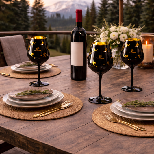 Skier Crystal Stemmed Wine Glass Set | Black and Gold | Alpine Winter Collection