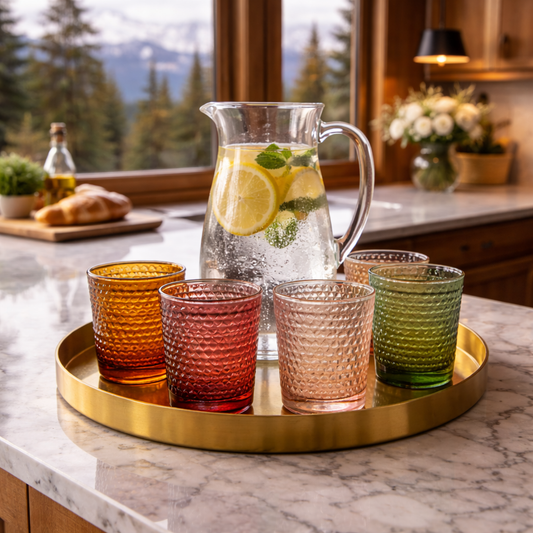 Hobnail Muted Tone Glassware Set | 12 Pieces in 6 Colors | 11oz and 14oz