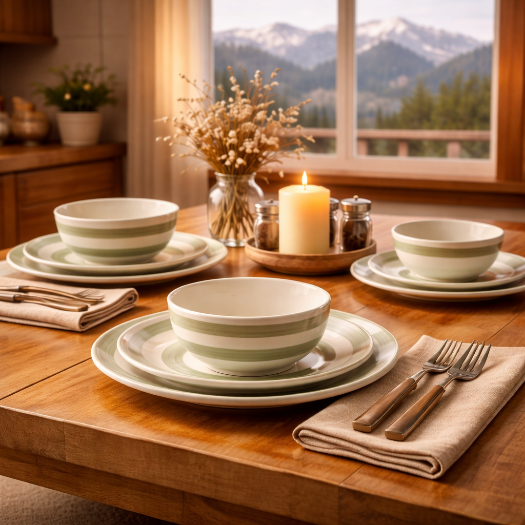 12-Piece Stoneware Dinnerware Set | Green Stripe