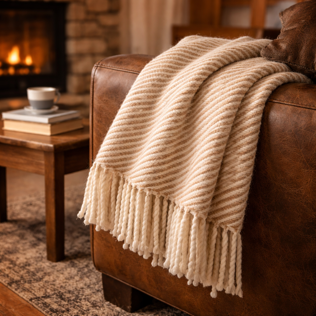 Chunky Alpaca Throw Blanket | Camel and White Stripe