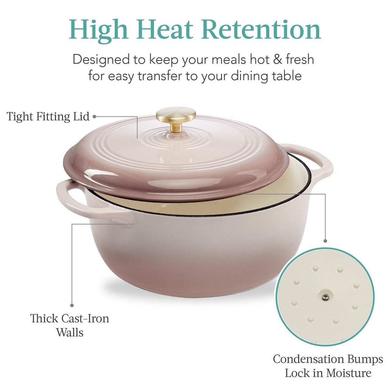 6 Quart Large Pink Beige Off-White Enamel Cast-Iron Dutch Oven Kitchen Cookware-0