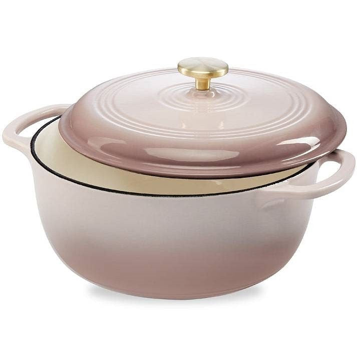 6 Quart Large Pink Beige Off-White Enamel Cast-Iron Dutch Oven Kitchen Cookware-2