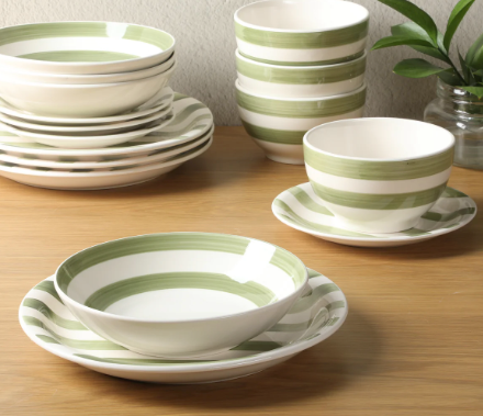 12-Piece Stoneware Dinnerware Set | Green Stripe