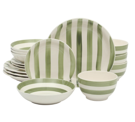 12-Piece Stoneware Dinnerware Set | Green Stripe
