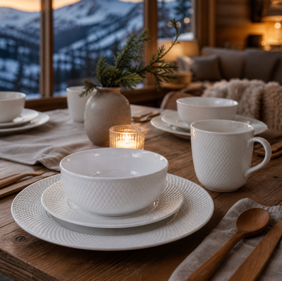 18-Piece White Porcelain Dinnerware Set | Service for 4 with Embossed Hatch Pattern
