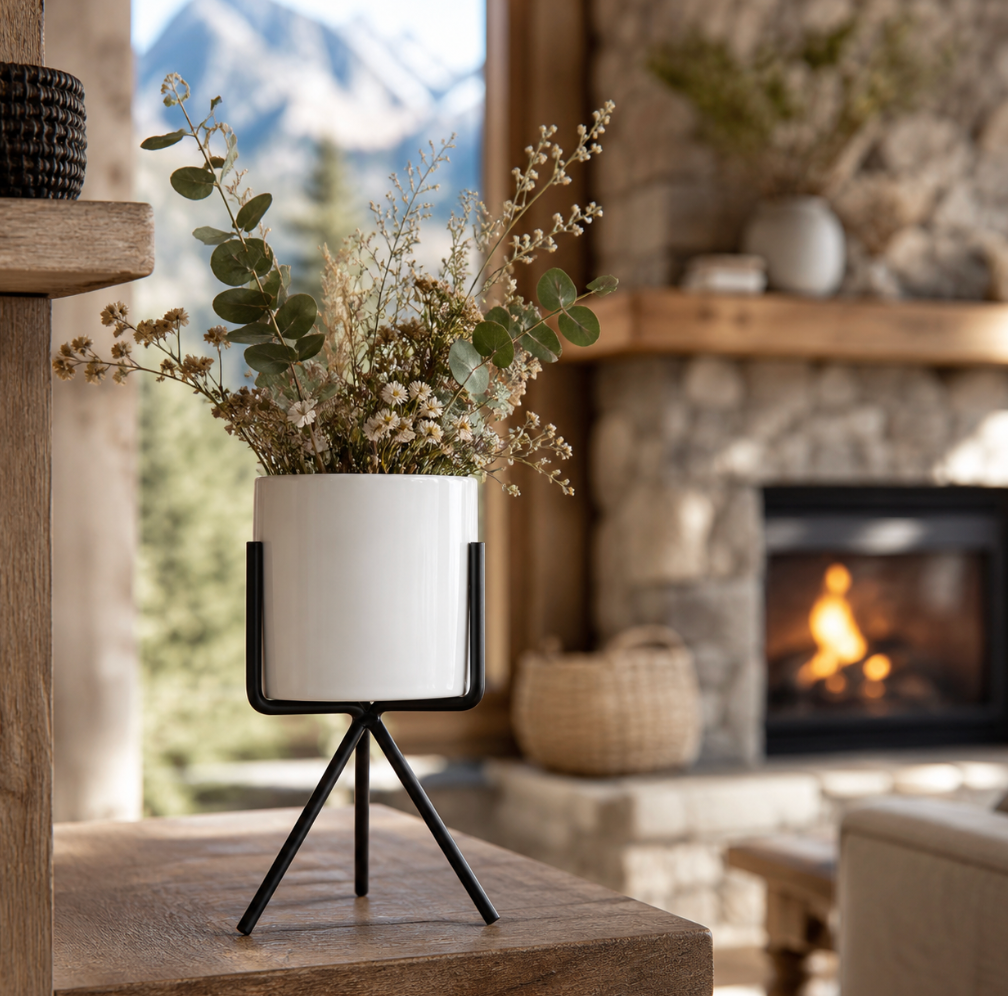 Nordic Ceramic Vase with Metal Base