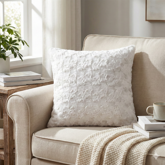 DaDa Bedding Luxury White Roses Swirls Faux Fur Euro Cushion Throw Pillow Cover (K11)-0