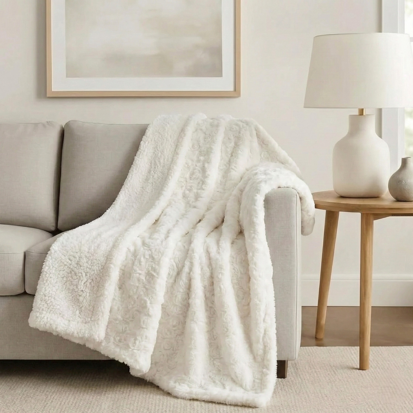 DaDa Bedding Luxury White Roses Fluffy Soft Sherpa Backside Faux Fur Throw Blanket (K11)-0