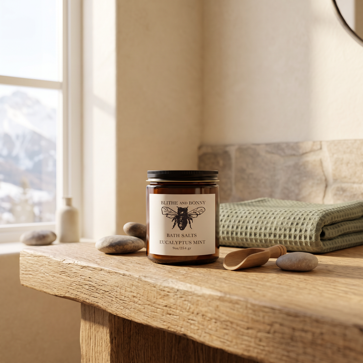 Natural Bath Salts | Amber Jar - lifestyle photo in mountain cabin setting