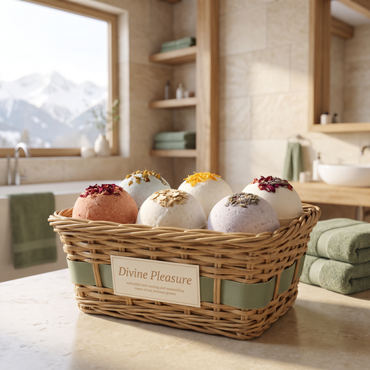 Aromatherapy Bath Bombs Gift Set lifestyle photo in a mountain cabin bathroom