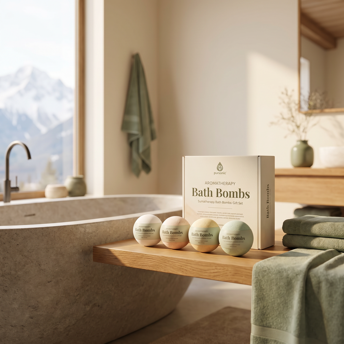 Aromatherapy Bath Bombs Gift Set lifestyle photo in a mountain cabin bathroom
