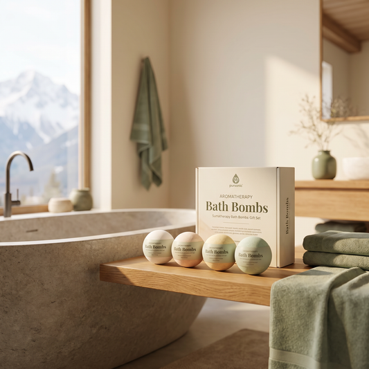Aromatherapy Bath Bombs Gift Set lifestyle photo in a mountain cabin bathroom