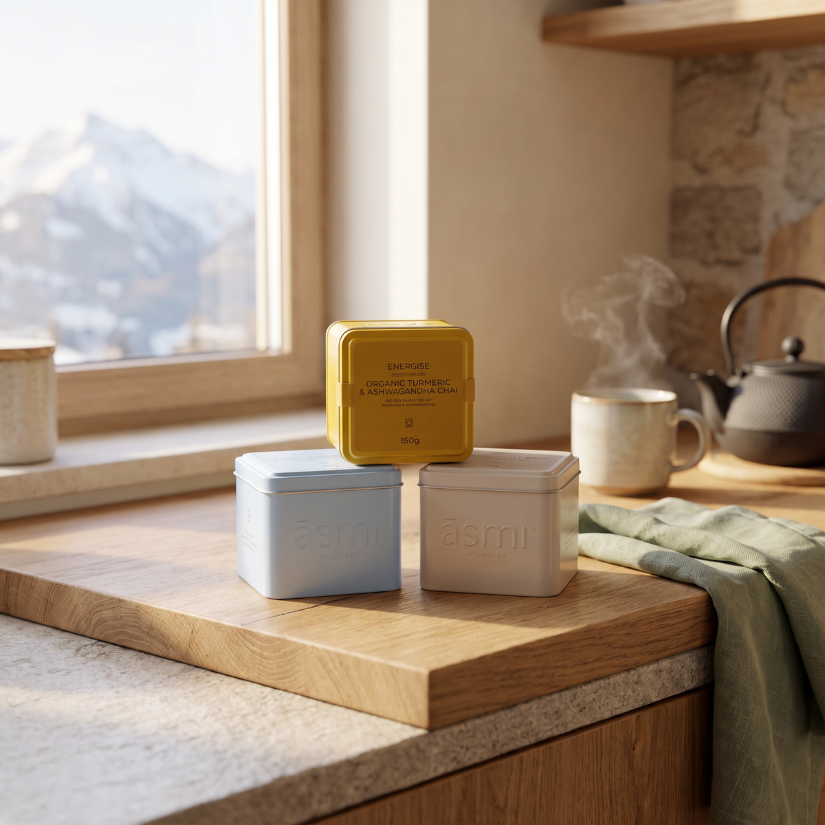 Ayurveda Tea Gift Set staged on a mountain cabin kitchen counter