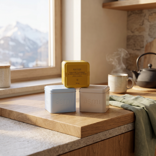 Ayurveda Tea Gift Set staged on a mountain cabin kitchen counter