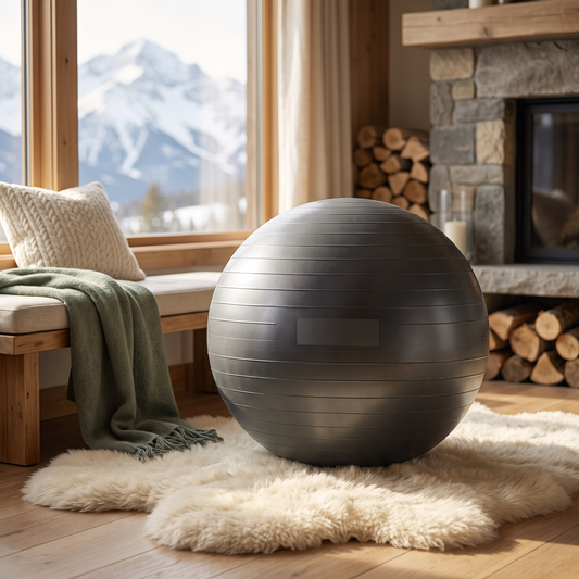 Balance ball for yoga and pilates in a cozy living room reading nook