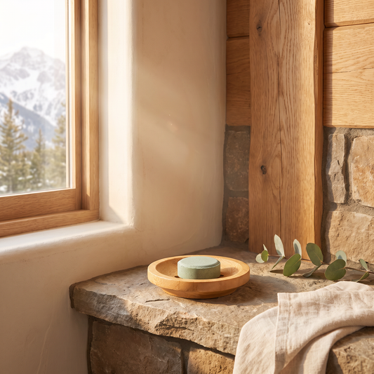 Bamboo shower steamer tray on a stone bathroom windowsill with mountain view