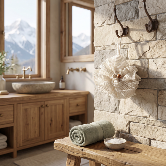 Natural Bath & Shower Puff hanging in a mountain cabin bathroom with mountain view