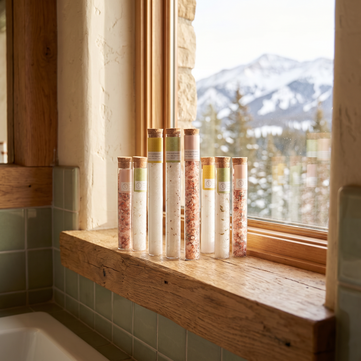 Bath Salts Gift Set 8 Glass Tubes on a mountain cabin bathroom windowsill
