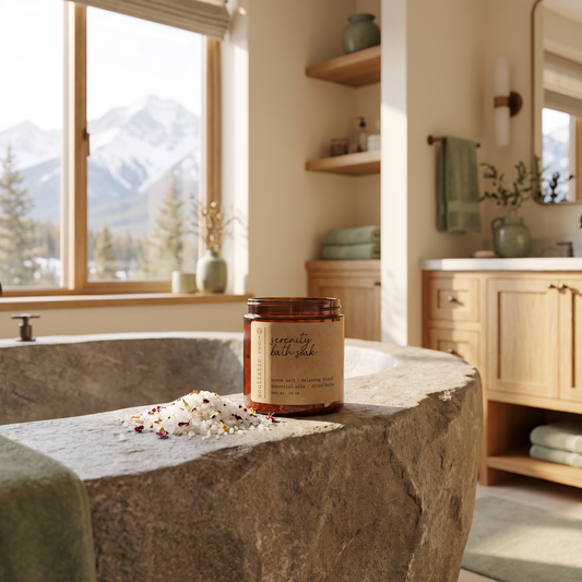 Natural Bath Salts Serenity Blend staged on a stone soaking tub in a mountain cabin bathroom