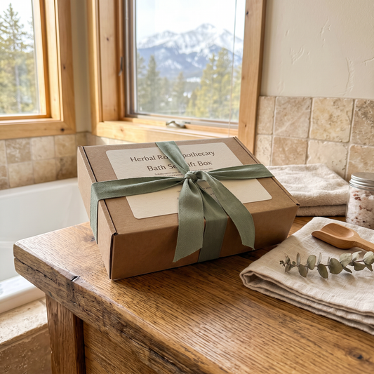 Bath Set Gift Box lifestyle photo in a mountain cabin bathroom