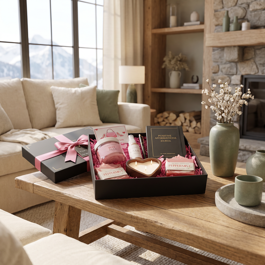 Best Friend Spa Gift Box staged in a cozy mountain cabin living room