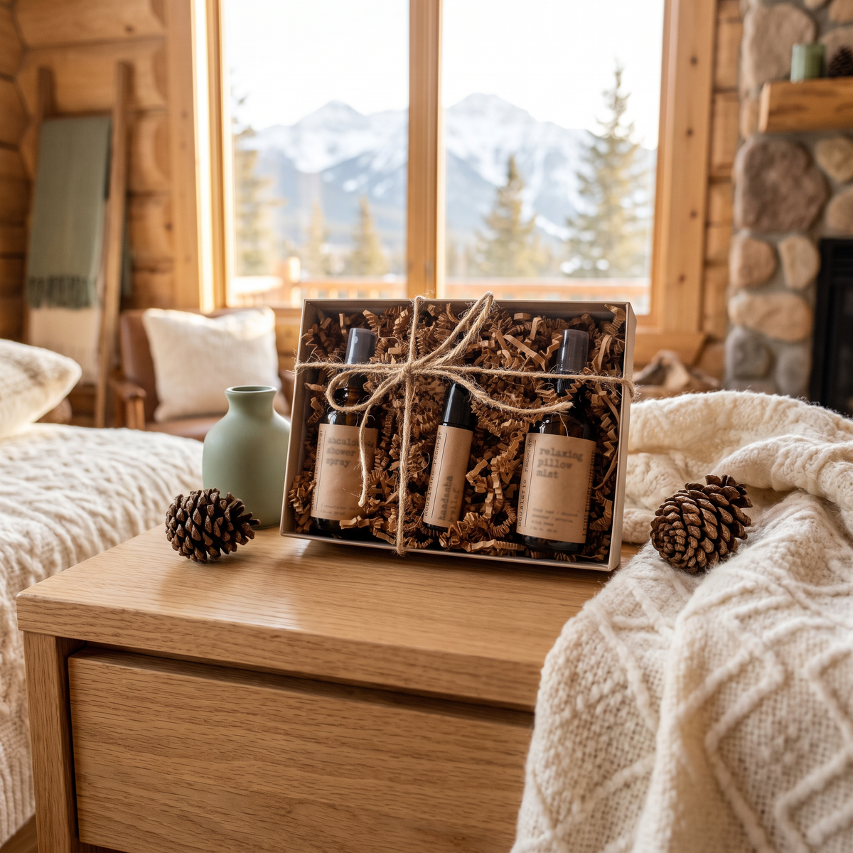 Best Sellers Gift Set Trio staged on a cozy mountain cabin bedside table