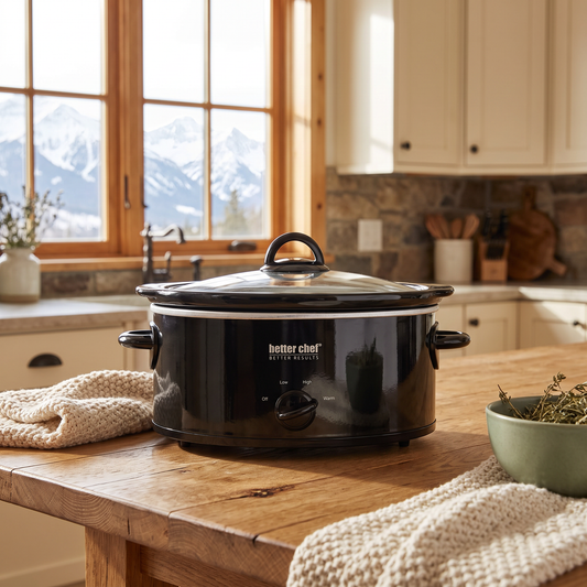 3-Quart Oval Slow Cooker in black staged in a warm mountain cabin kitchen with snow-capped mountain view