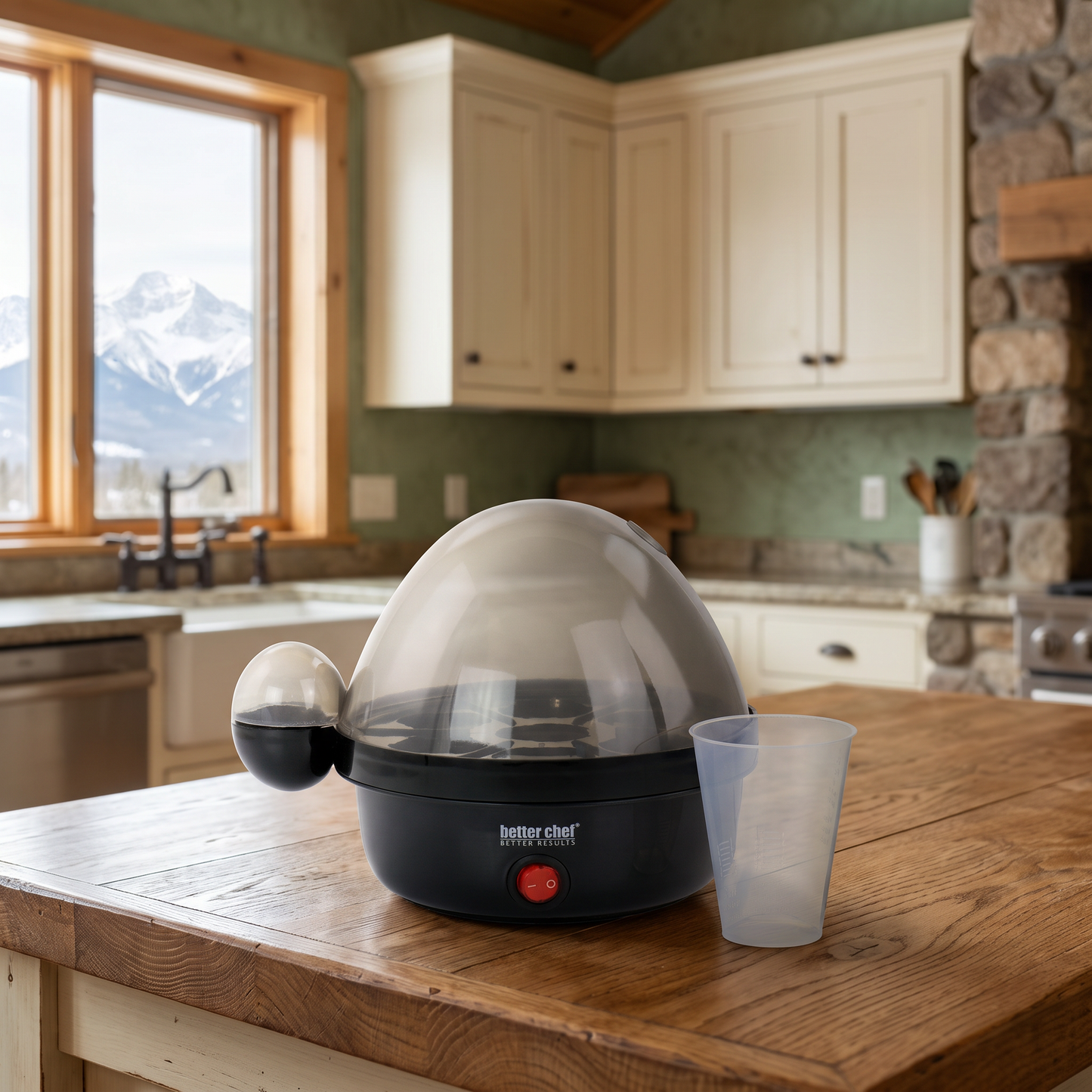 7-Egg Electric Egg Cooker in black staged in a mountain cabin kitchen setting