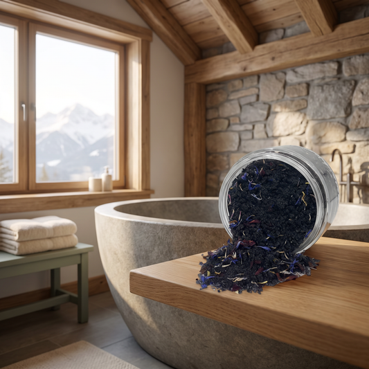 Black lava salt bath soak jar in a bathroom beside a soaking tub with mountain view