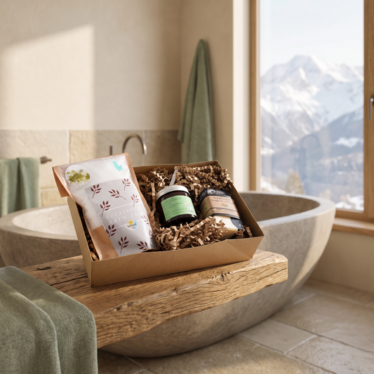 Breathe spa gift set in a bathroom beside a soaking tub