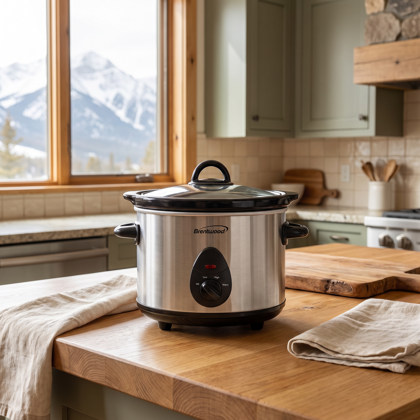 Brentwood 1.5-Quart Slow Cooker with ceramic pot and glass lid, staged in a mountain cabin kitchen with a snow-capped mountain view