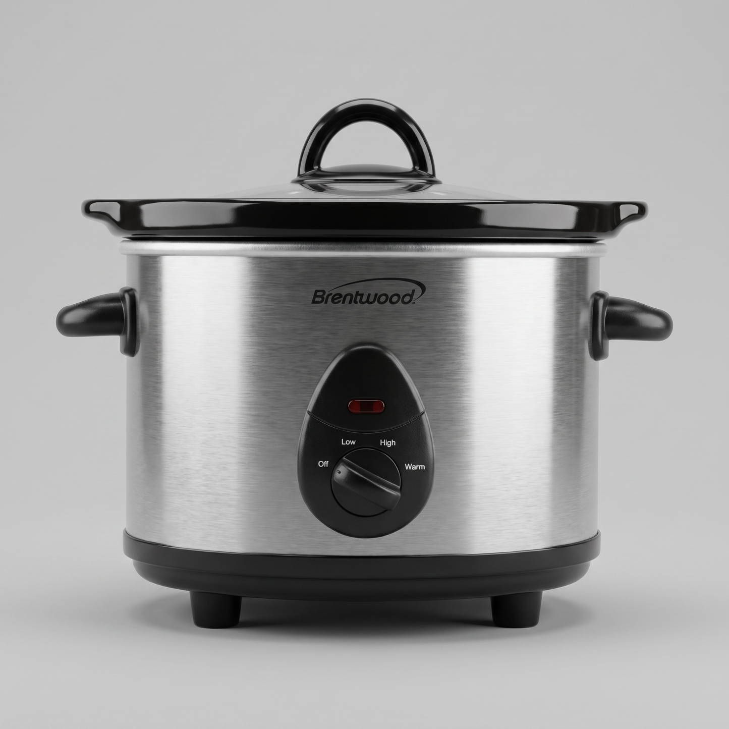 Brentwood 1.5-Quart Slow Cooker with ceramic pot and glass lid, clean studio catalog product shot on neutral gray background