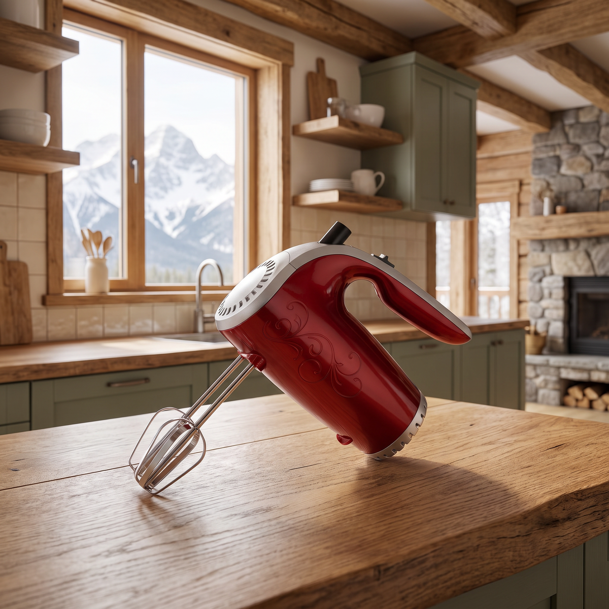 5-Speed Hand Mixer in red staged in a warm mountain cabin kitchen with snow-capped mountain view