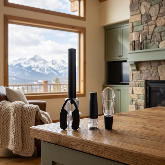 Wine bottle opener set with foil cutter, vacuum stopper, and aerator pourer displayed on a wooden table in a cozy mountain cabin with a snow-capped mountain view